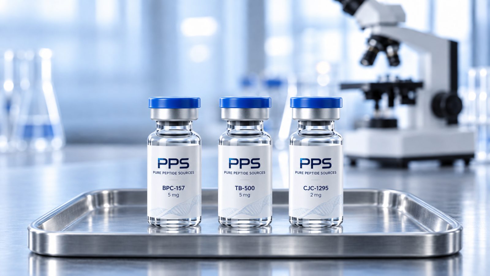 Three Pure Peptide Sources vials labelled BPC-157 5 mg, TB-500 5 mg and CJC-1295 2 mg, standing on a stainless steel instrument tray.