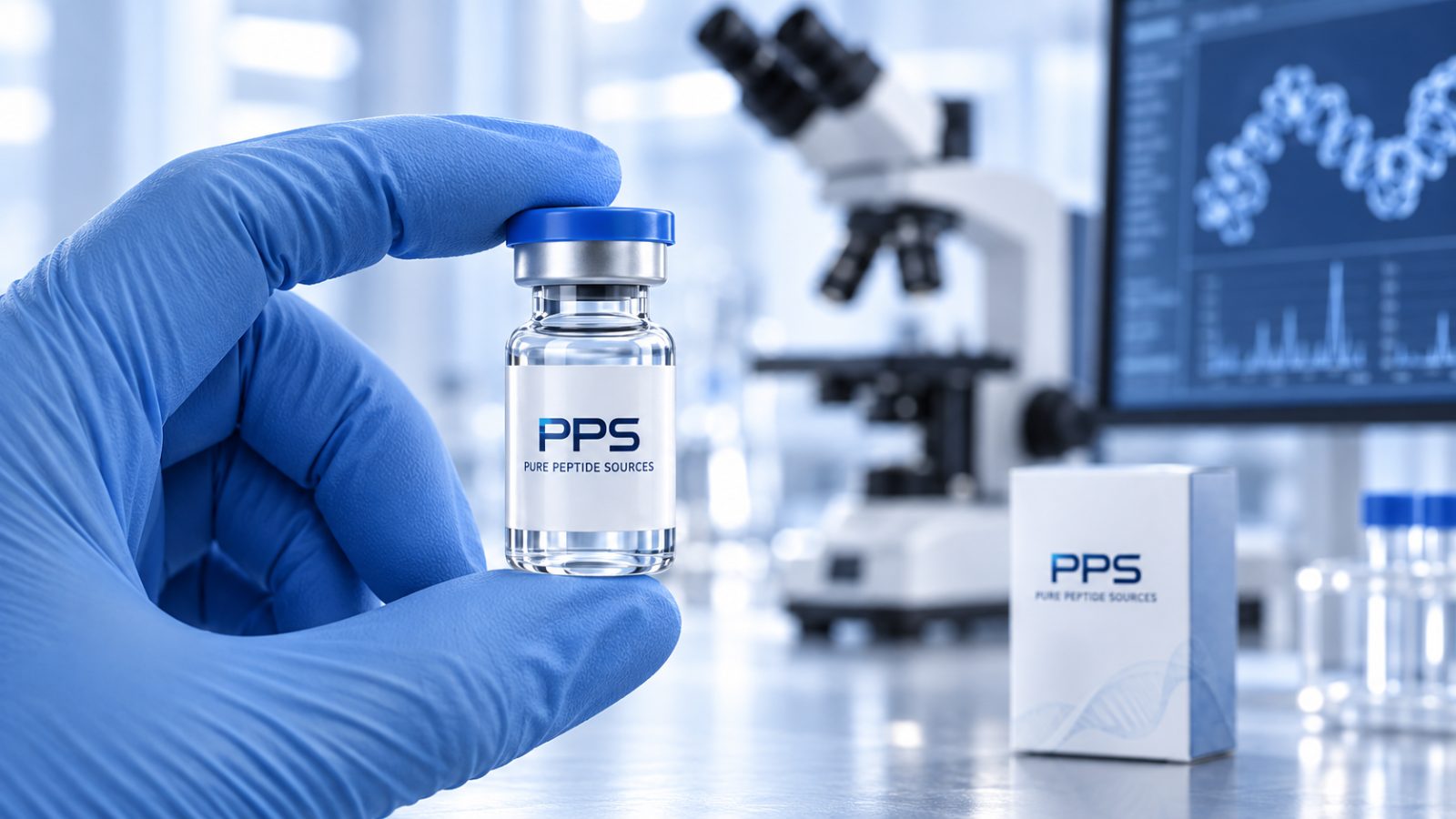 A gloved hand holding a sealed Pure Peptide Sources vial, with a microscope and a chromatography trace on screen behind.