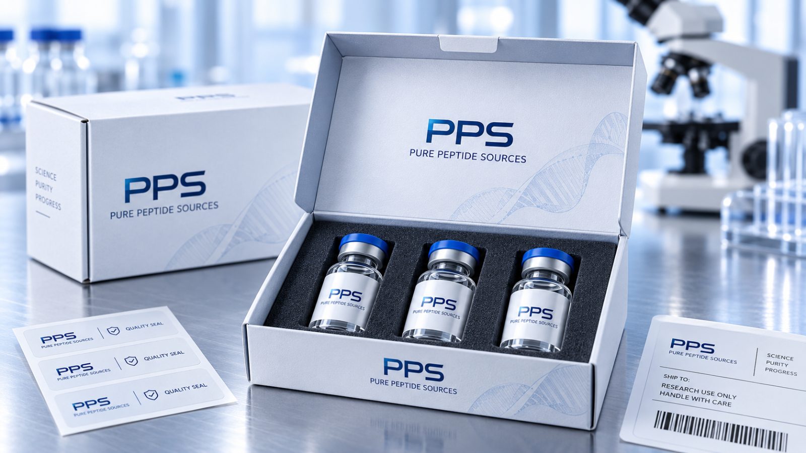 An opened Pure Peptide Sources box holding three vials seated in protective foam, beside quality seals and a shipping label marked research use only.