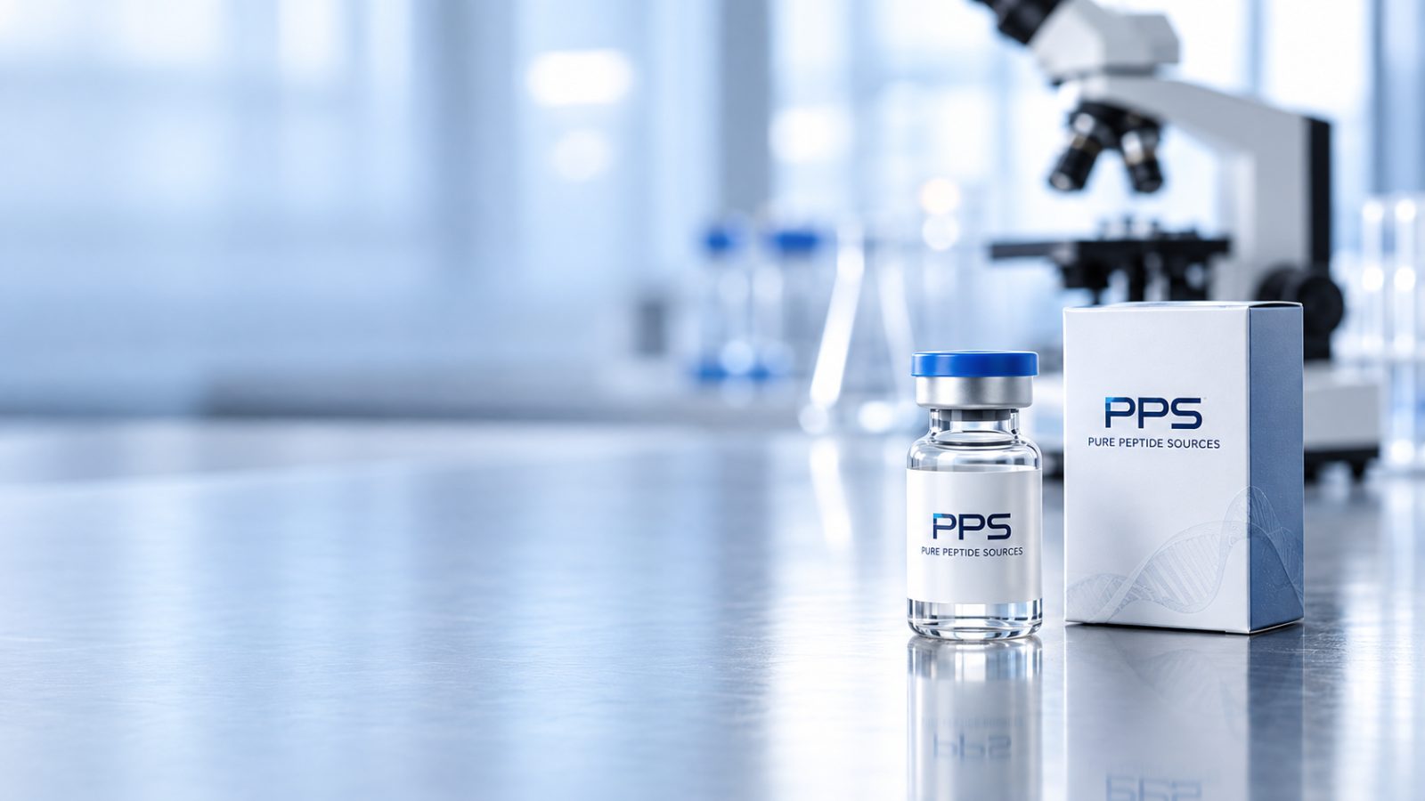 A Pure Peptide Sources vial beside its branded carton on a steel laboratory bench, with a microscope and glassware softly out of focus behind.