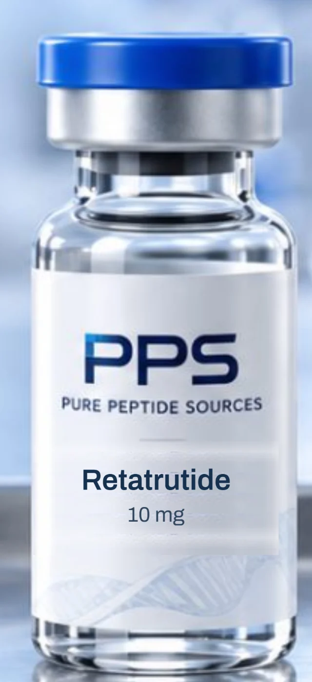 Retatrutide 10 mg in a glass vial with a Pure Peptide Sources label
