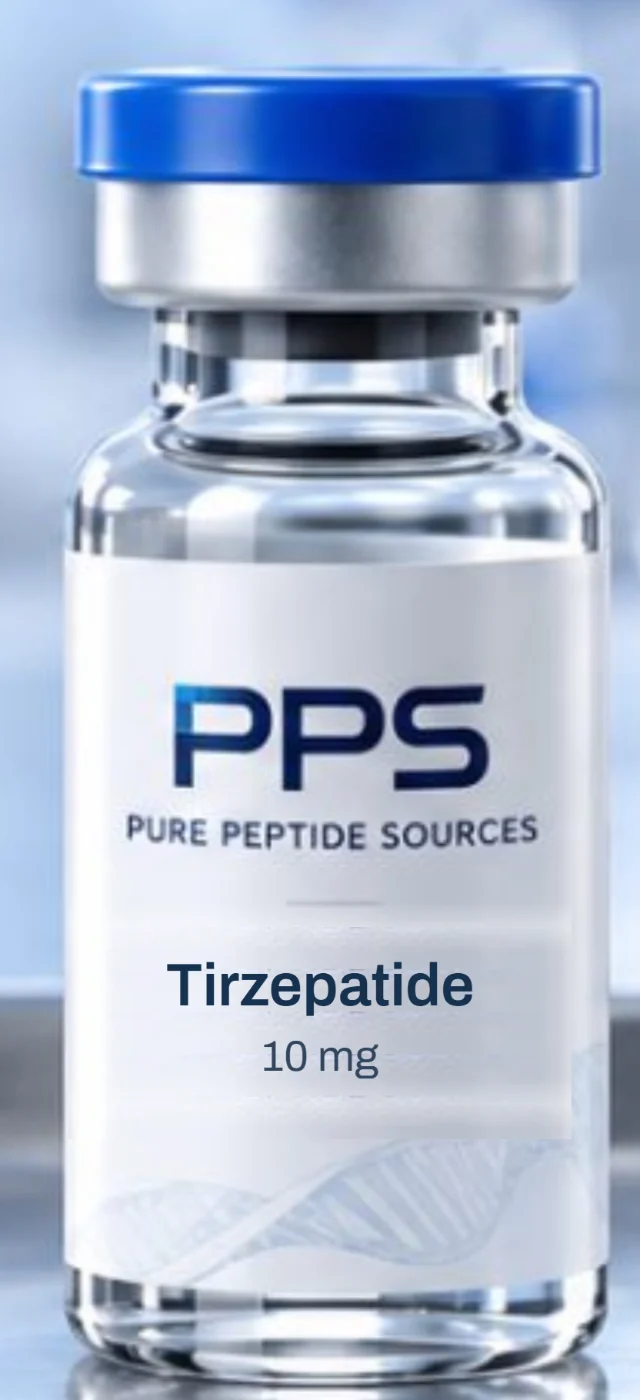 Tirzepatide 10 mg in a glass vial with a Pure Peptide Sources label